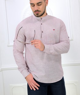 Мъжка тренди риза бяз яка с копчета в бордо