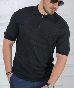 Черна тениска с цип и яка плетна с орнаменти мъжка