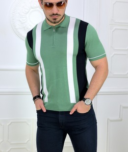 Плетена мъжка тениска с яка в челено на сини и бели ленти