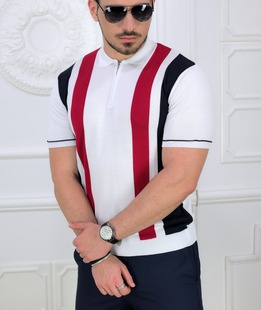 Плетена тениска с яка и цип в бяло на ивици мъжка