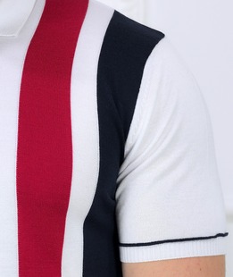 Плетена тениска с яка и цип в бяло на ивици мъжка