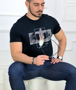 Очарователна фланелка с къс ръкав в тъмно синьо