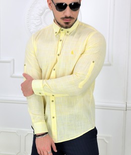 Елегантна жълта риза от лен с дълъг ръкав мъжка