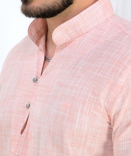 Ленена мъжка риза с яка с връзки в прасковен цвят