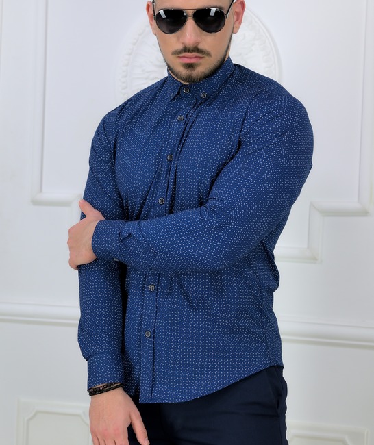 Тъмно синя елегантна мъжка риза с дълъг ръкав slim fit