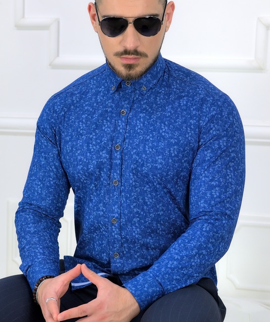 Мъжка модерна риза в синьо на цветчета slim fit