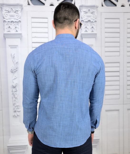 Slim fit ленена мъжка риза в синьо с изправена яка