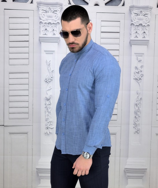 Slim fit ленена мъжка риза в синьо с изправена яка