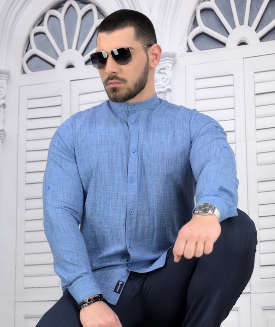 Slim fit ленена мъжка риза в синьо с изправена яка