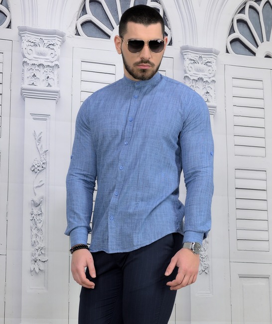 Slim fit ленена мъжка риза в синьо с изправена яка