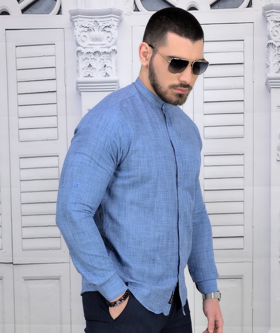 Slim fit ленена мъжка риза в синьо с изправена яка