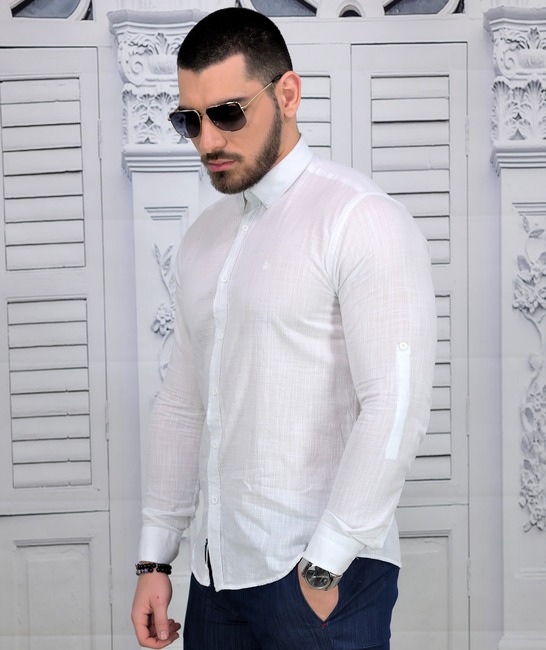 Елегантна мъжка риза в бяло от лен Slim Fit