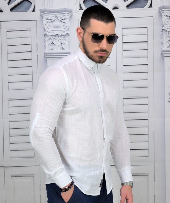 Елегантна мъжка риза в бяло от лен Slim Fit