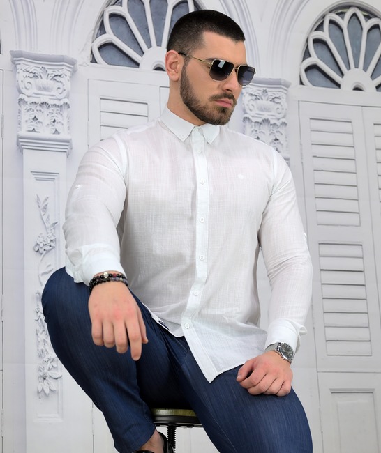 Елегантна мъжка риза в бяло от лен Slim Fit