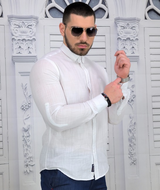 Елегантна мъжка риза в бяло от лен Slim Fit