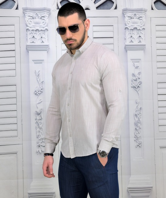 Бежова ленена мъжка риза slim fit