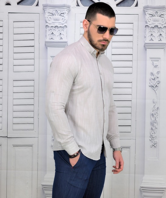 Бежова ленена мъжка риза slim fit