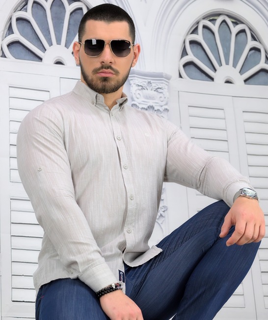 Бежова ленена мъжка риза slim fit