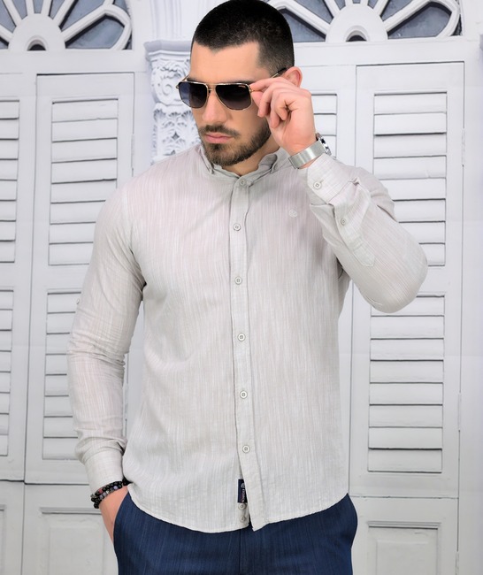 Бежова ленена мъжка риза slim fit
