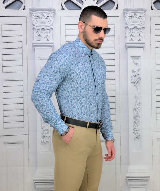Модерна мъжка ленена риза Regular Fit на сини листа