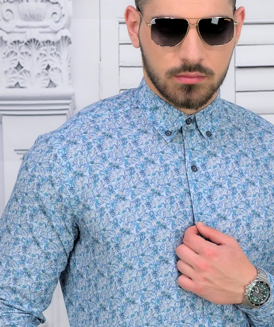 Модерна мъжка ленена риза Regular Fit на сини листа