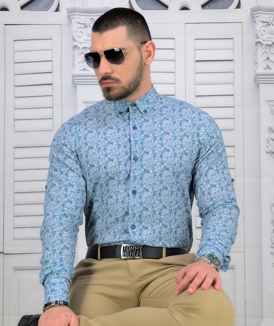 Модерна мъжка ленена риза Regular Fit на сини листа