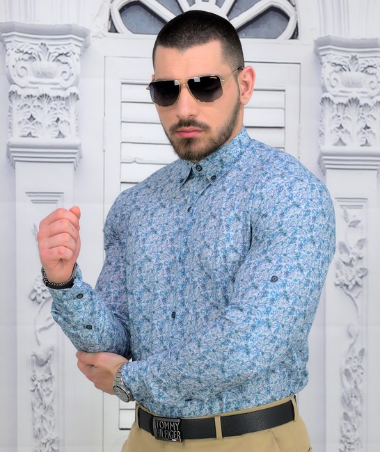Модерна мъжка ленена риза Regular Fit на сини листа