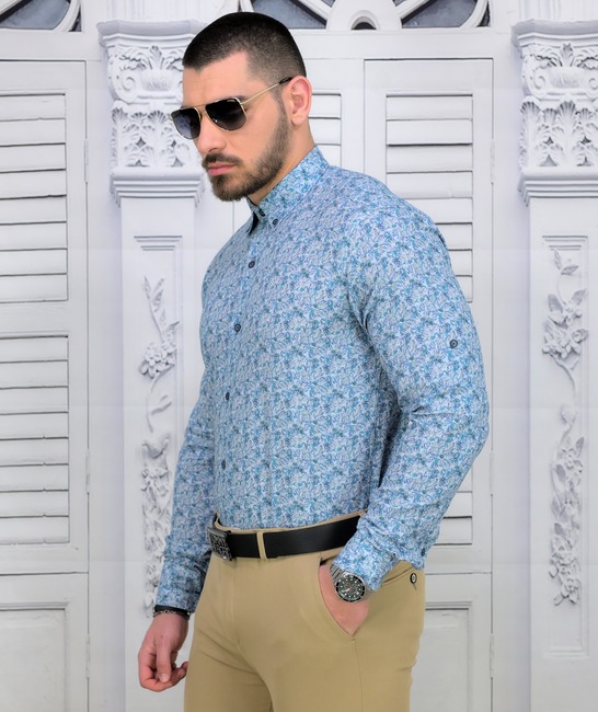 Модерна мъжка ленена риза Regular Fit на сини листа