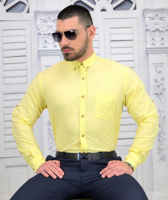 Жълта ленена мъжка риза Regular Fit с джоб