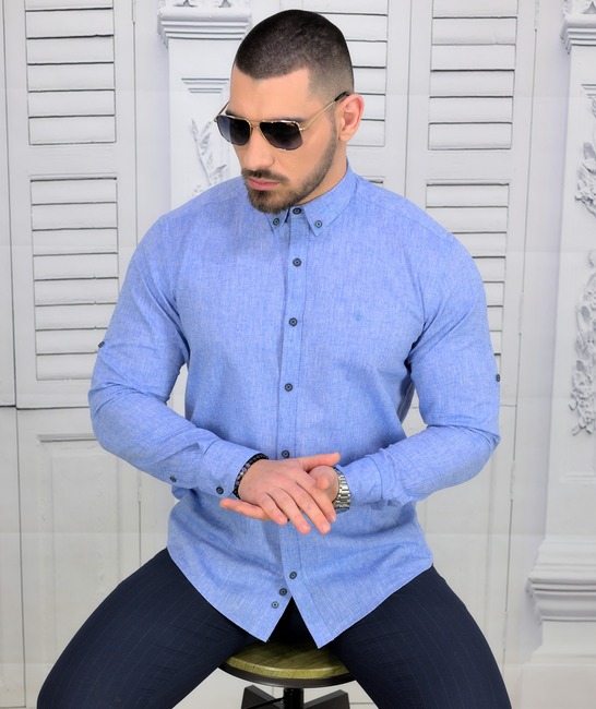 Луксозна мъжка ленена риза Regular Fit в синьо