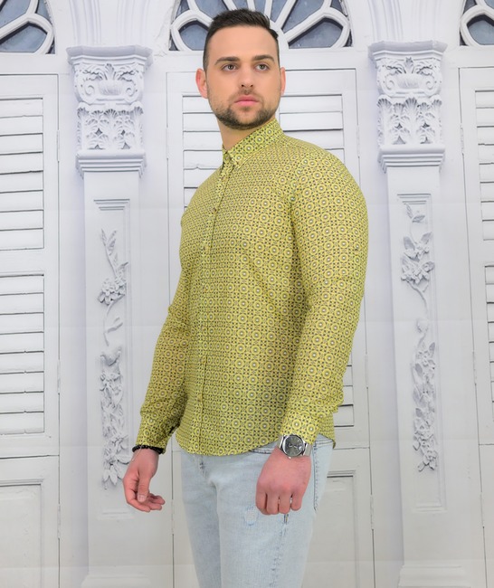 Мъжка риза Extra Slim Fit в жълто на елементи от памук