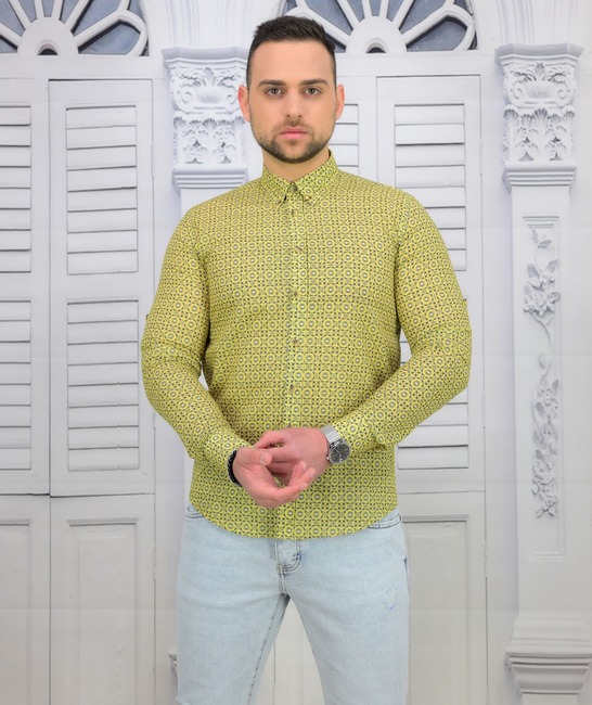 Мъжка риза Extra Slim Fit в жълто на елементи от памук