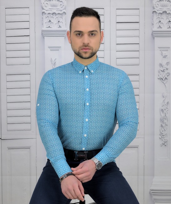 Extra Slim Fit мъжка риза в синьо от памук на елемнти