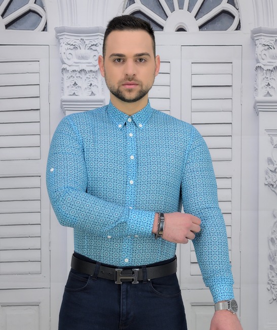 Extra Slim Fit мъжка риза в синьо от памук на елемнти