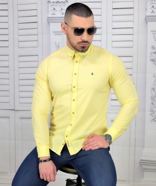 Жълта ленена мъжка риза Slim Fit спортно елегантна