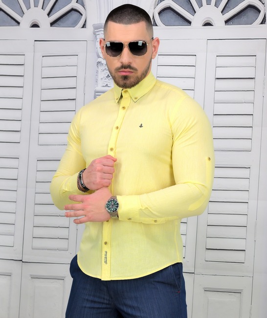 Жълта ленена мъжка риза Slim Fit спортно елегантна