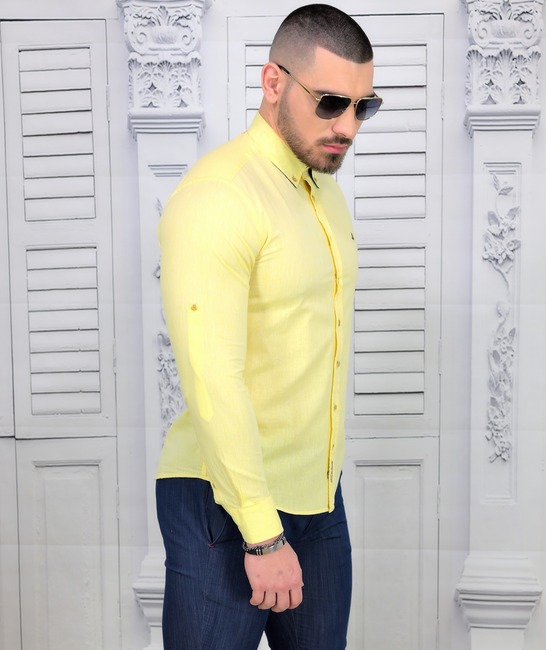 Жълта ленена мъжка риза Slim Fit спортно елегантна