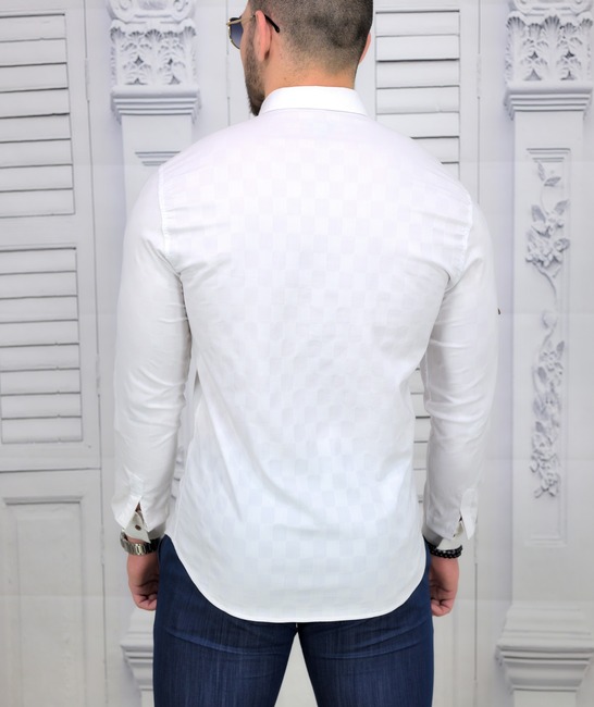 Бяла мъжка копринена риза на квадрати Extra Slim Fit