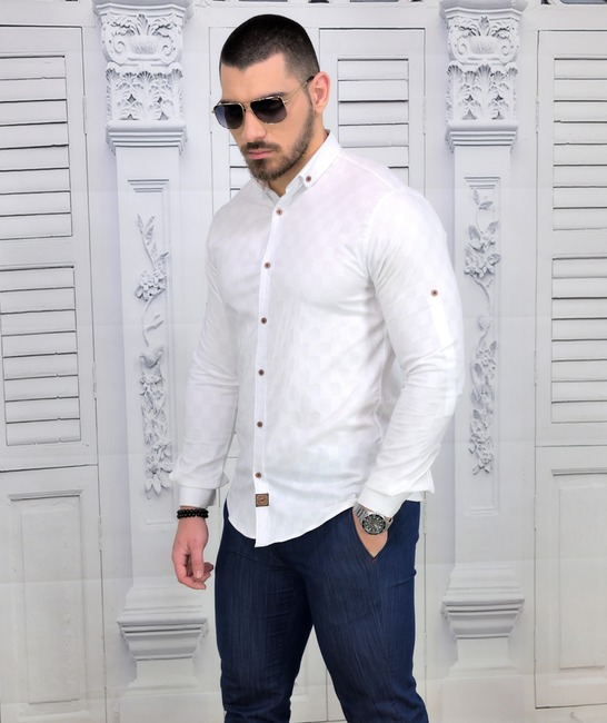 Бяла мъжка копринена риза на квадрати Extra Slim Fit