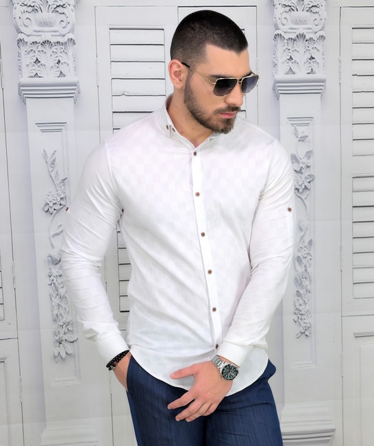Бяла мъжка копринена риза на квадрати Extra Slim Fit