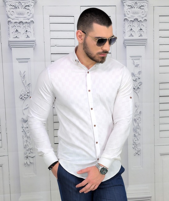 Бяла мъжка копринена риза на квадрати Extra Slim Fit
