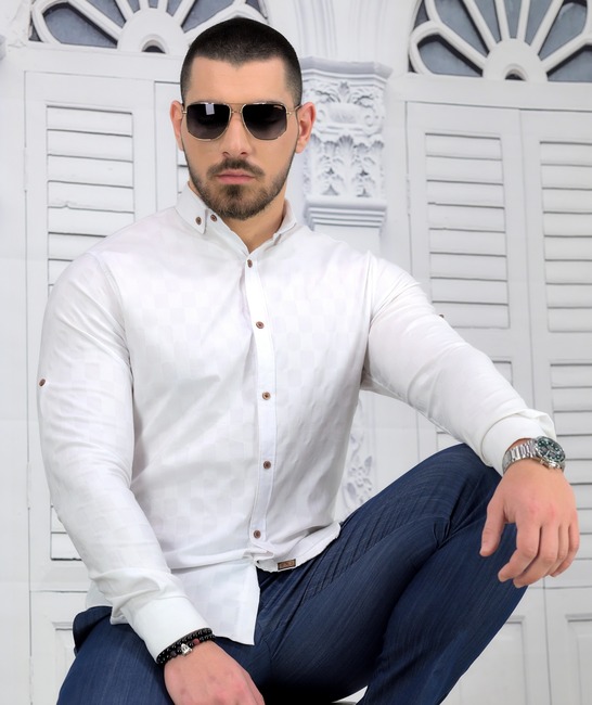 Бяла мъжка копринена риза на квадрати Extra Slim Fit