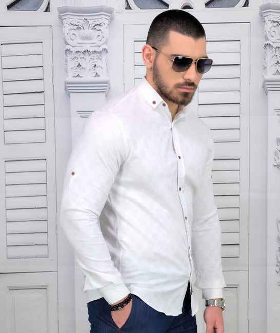 Бяла мъжка копринена риза на квадрати Extra Slim Fit