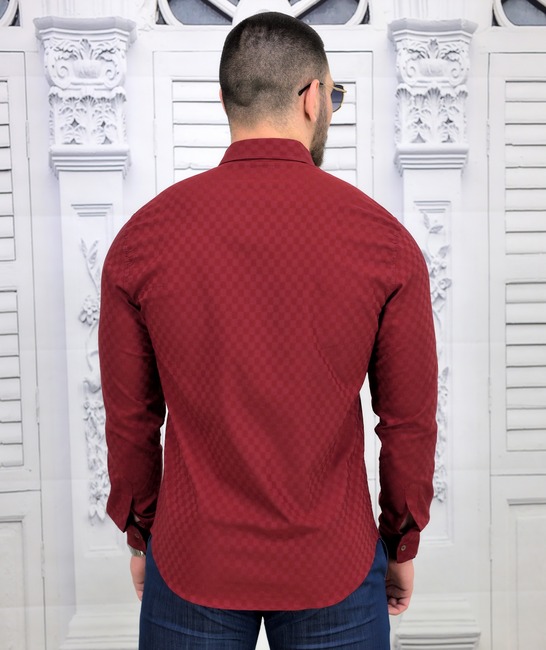 Мъжка копринена риза в бордо на малки квадрати Extra Slim Fit