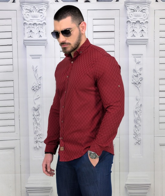 Мъжка копринена риза в бордо на малки квадрати Extra Slim Fit