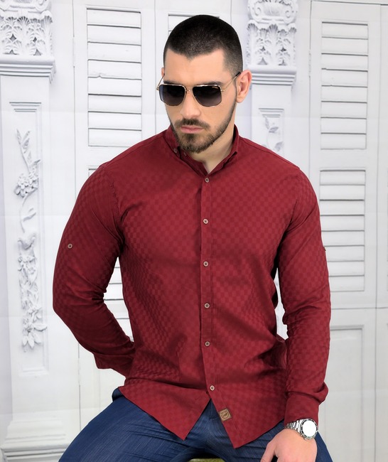 Мъжка копринена риза в бордо на малки квадрати Extra Slim Fit