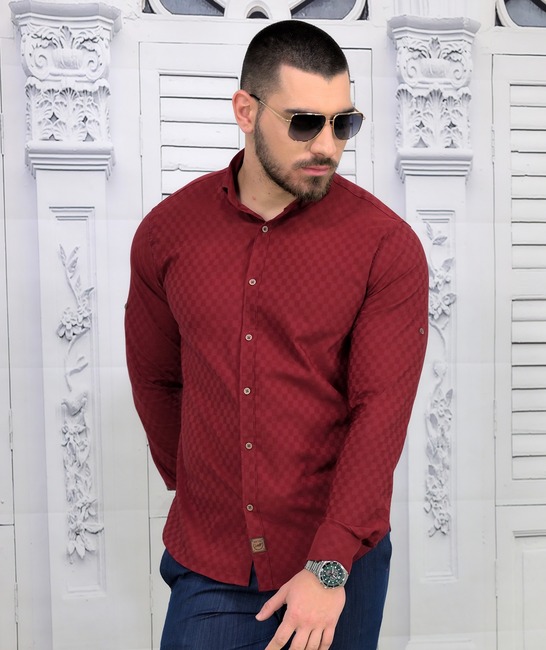 Мъжка копринена риза в бордо на малки квадрати Extra Slim Fit
