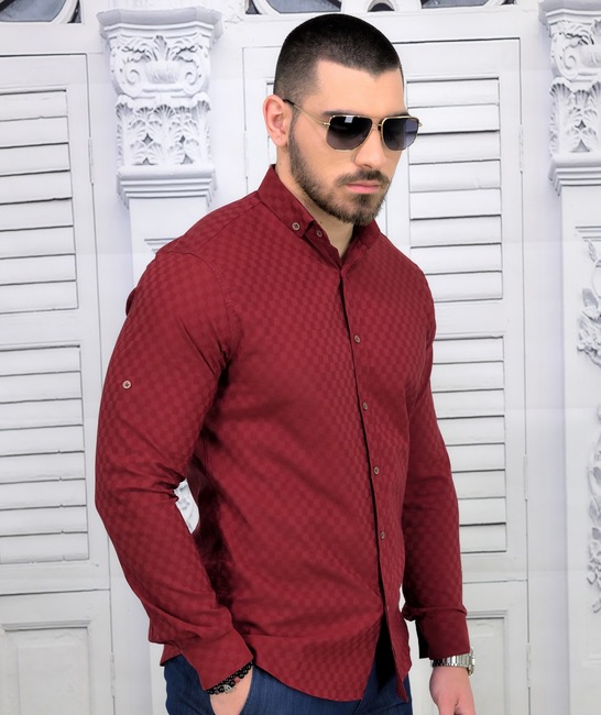 Мъжка копринена риза в бордо на малки квадрати Extra Slim Fit