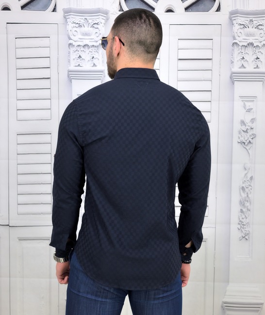 Мъжка риза в тъмно синьо на малки квадрати Extra Slim Fit от коприна