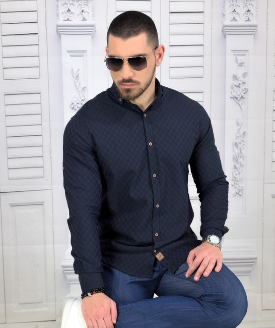 Мъжка риза в тъмно синьо на малки квадрати Extra Slim Fit от коприна
